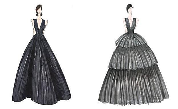 Los bocetos de los vestidos: a la derecha, el de Malena Alterio, y a la izquierda, el de Ruth Gabriel. 