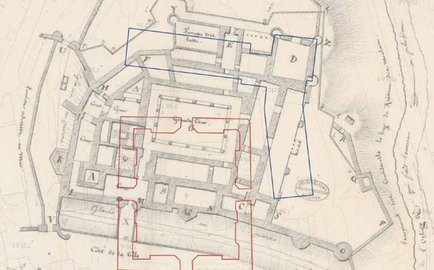 El plano inédito del castillo de Benavente sobre el que se superponen el Parador de Turismo y la rosaleda actuales. 