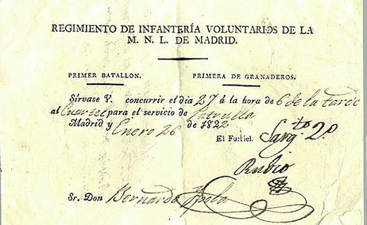 Notificación de un regimiento de infantería de Madrid.