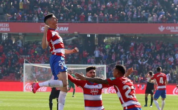 Los jugadores del Granada celebran el gol de Carlos Fernández. 