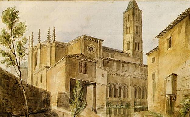 El templo entre 1836 y 1858 en una pintura recogida en el libro 'Viajes Artisticos por Castilla y León' publicado por la asociación Domvs Pvcelae.