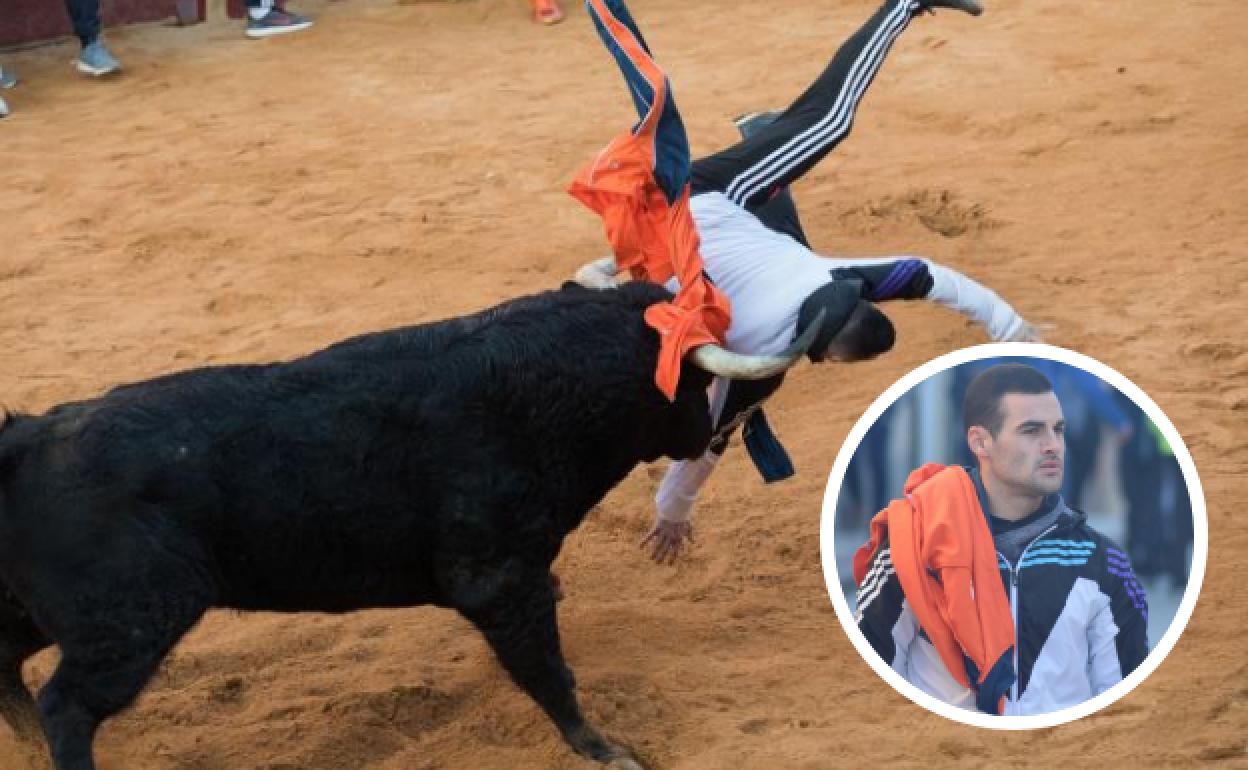 El toro levanta a César Fernández en Ciudad Rodrigo. Abajo, a la derecha, el cortador con la chaqueta con la que citó al toro. 