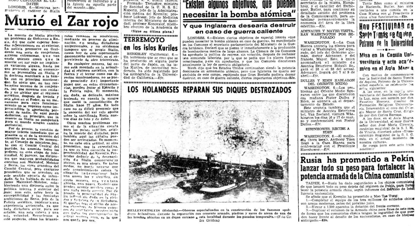 Noticia de la muerte de Stalin publicada en El Norte