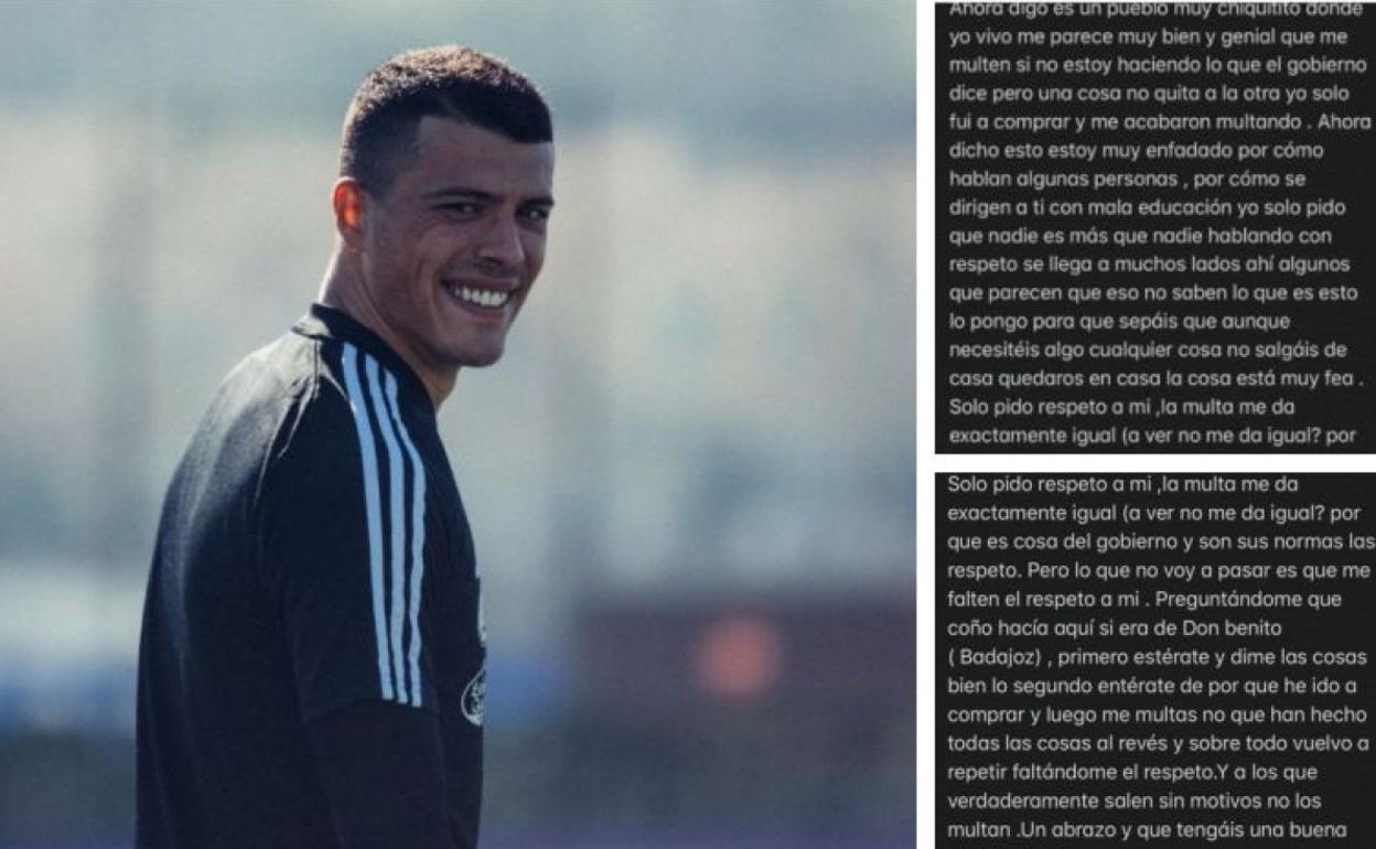 El jugador del Real Valladolid Pedro Porro. Al lado el texto que ha publicado quejándose por el trato recibido.