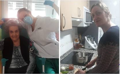 Charo García, con su abuela en la residencia de mayores, y a la derecha, en su cocina.