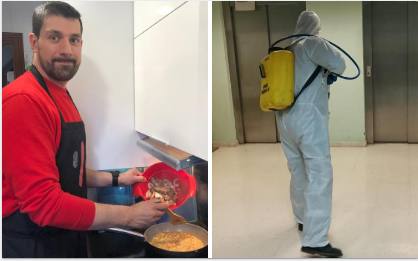 Daniel Rabanal en su cocina y a la derecha, mientras desinfectaba unas instalaciones de Castilla y León.