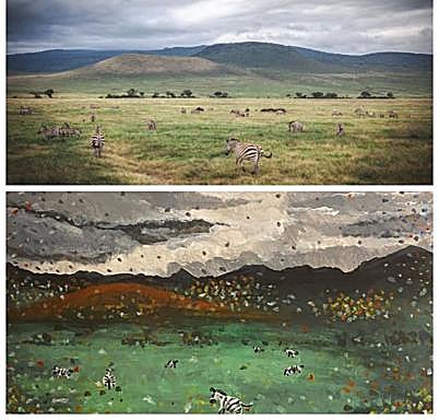 Arriba una fotografía de un paisaje africano; abajo el cuadro pintado por Raúl.