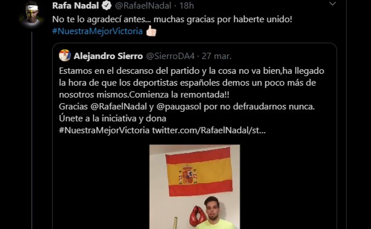 Coronavirus en Salamanca: Rafa Nadal agradece al deportista salmantino Alejandro Sierro el apoyo a su causa contra el covid-19 #NuestraMejorVictoria