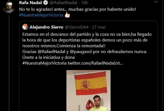 Rafa Nadal agradece al deportista salmantino Alejandro Sierro el apoyo a su causa contra el covid-19 #NuestraMejorVictoria