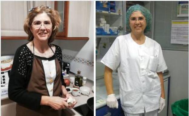 Belén Torrecilla en la cocina de su casa y a la derecha, en el hospital.