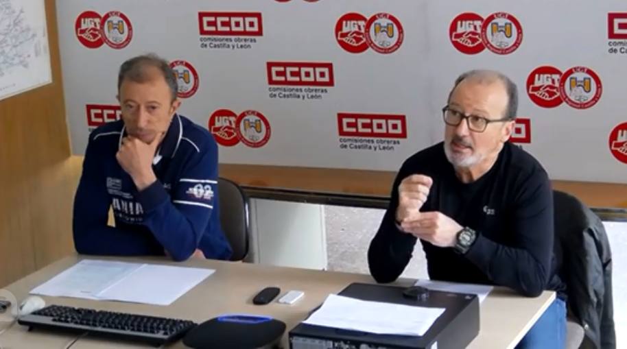 Juan Carlos González,de CC OO, y Julián Martínez, de UGT, durante la rueda de prensa por videollamada celebrada esta mañana. 