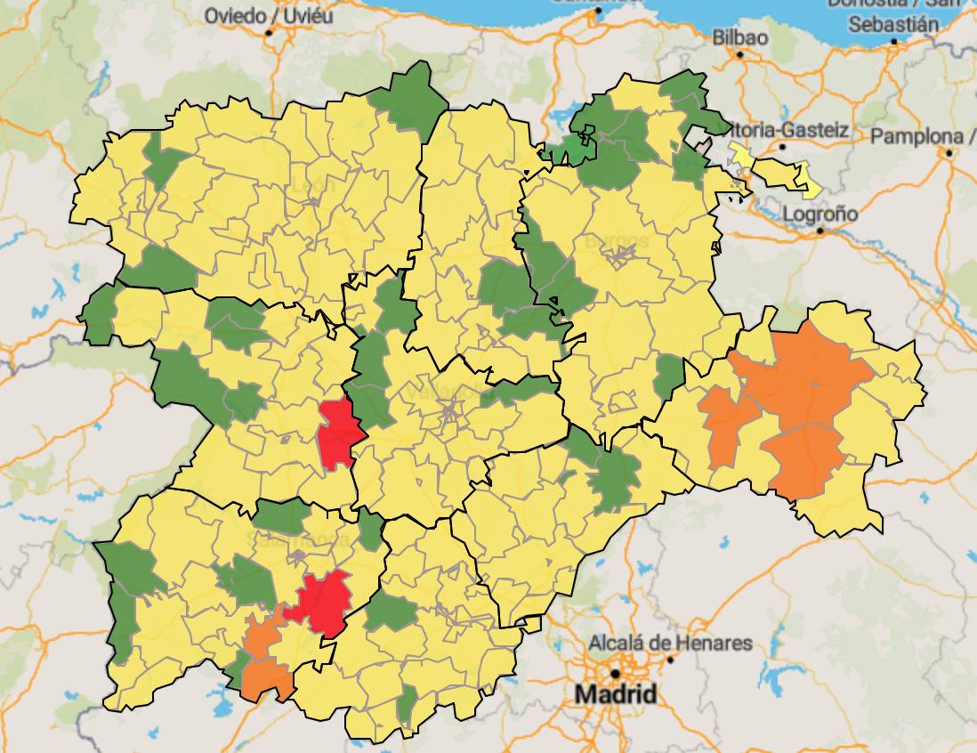 Mapa de incidencia en Castilla y León durante los últimos siete días.