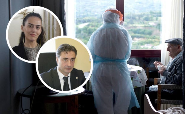 Un anciano es atendido en una residencia y Los autores del estudio: Patricia Gutiérrez (jueza delegada de discapacidad del TSJEx) y Raimundo Prado (magistrado del TSJEx). 