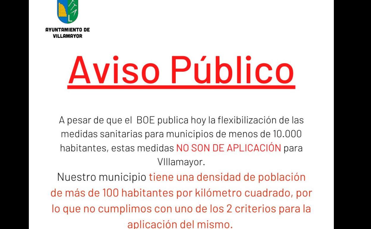 Aviso difundido por el Ayuntamiento de Villamayor advirtiendo de que se mantienen las franjas horarias. 