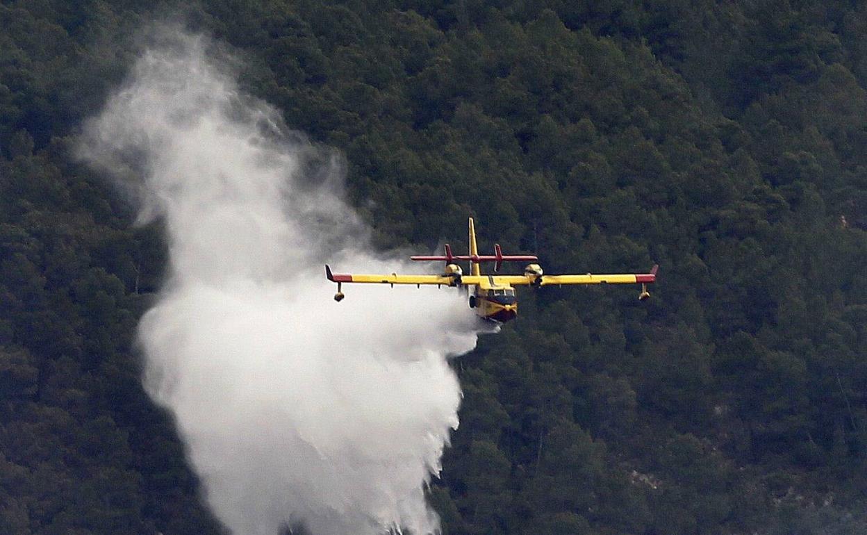 Un hidroavión participa en la extinción de un incendio. 
