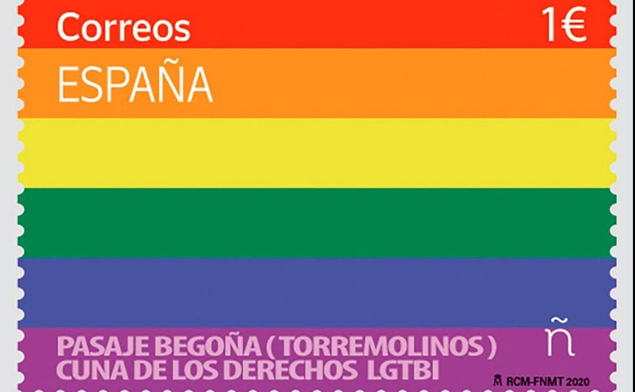 Sello de Correos con los colores del movimiento LGTBI. 