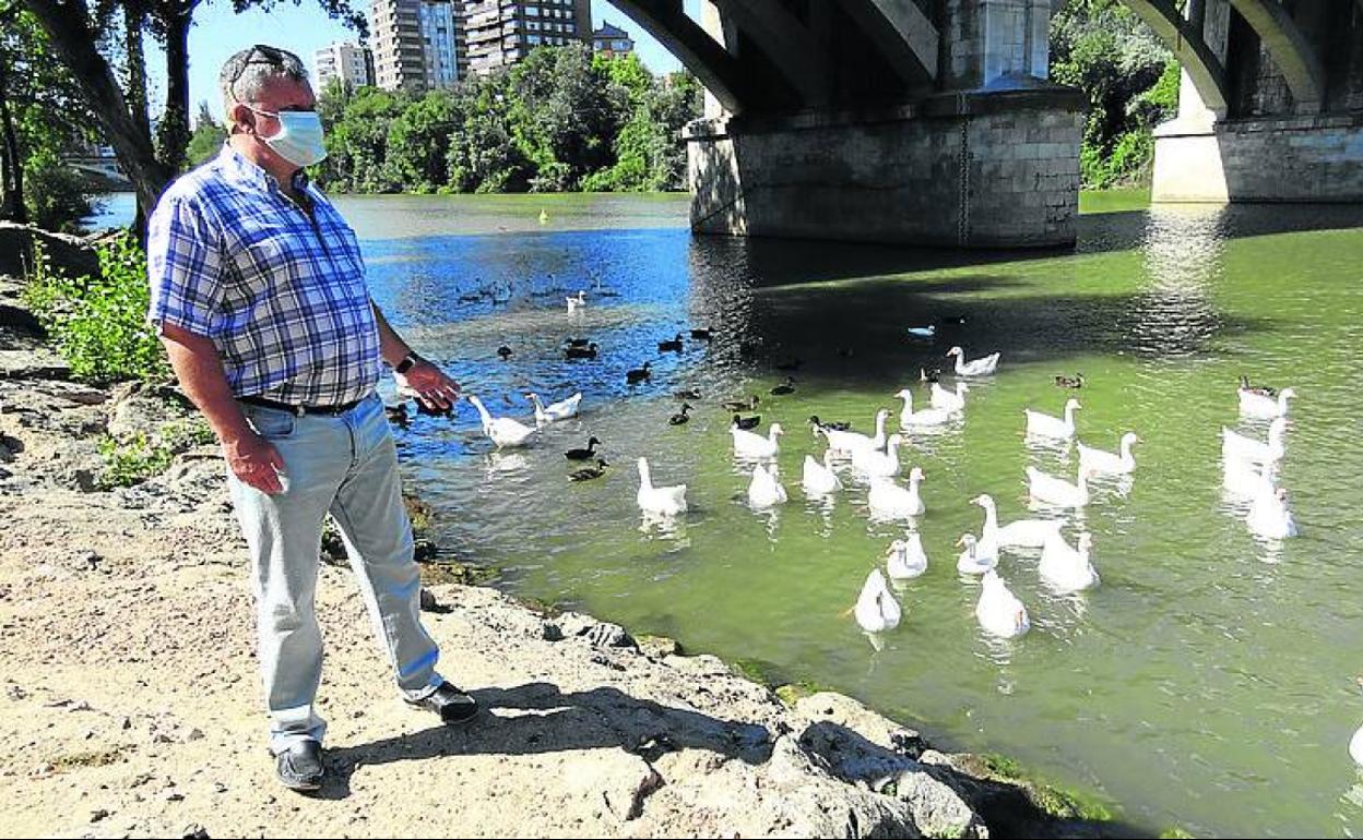 Luis Ángel Largo, junto a las aves, junto al puente de Poniente.