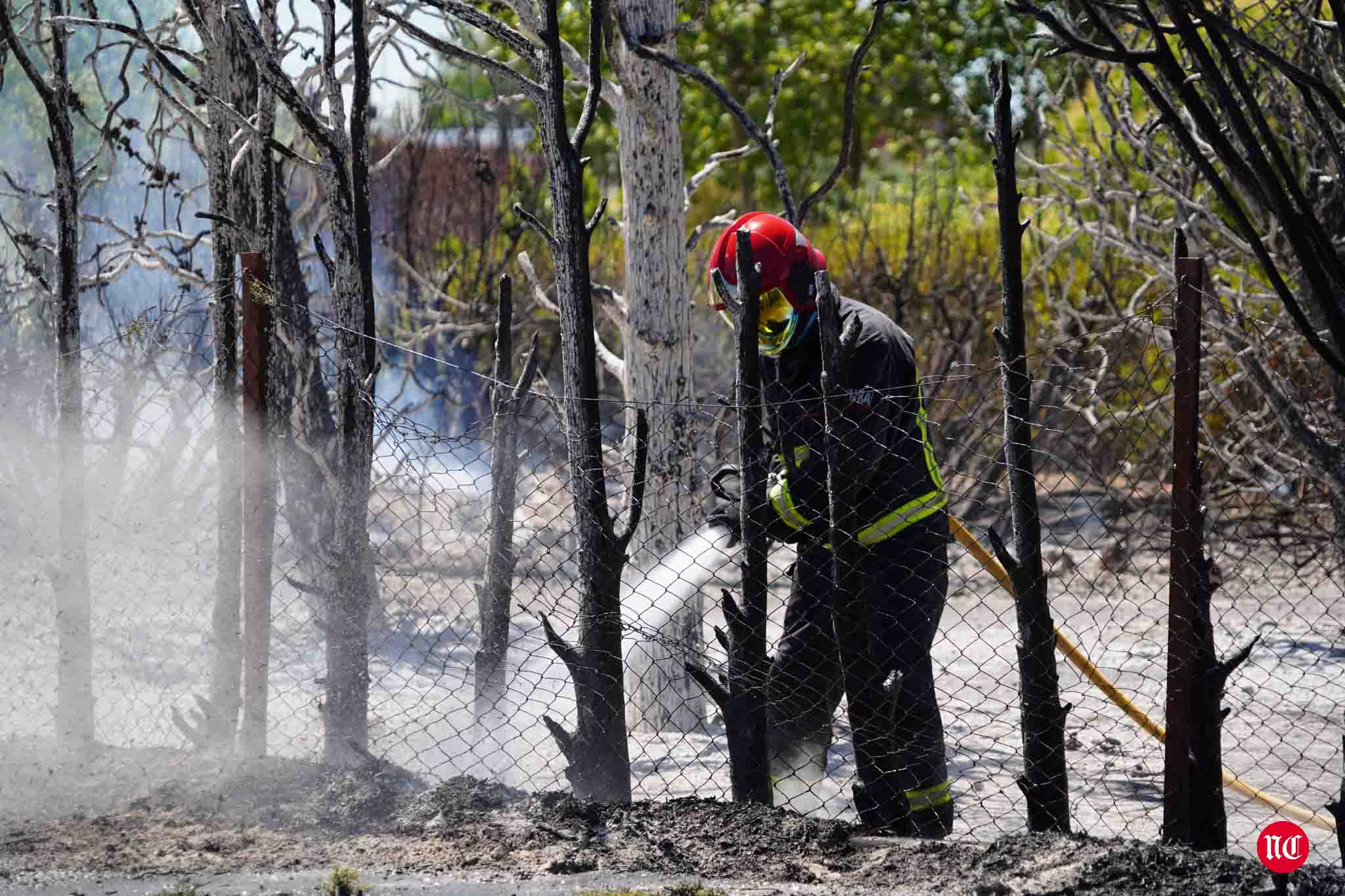 Los bomberos en labores de extinción del incendi.o