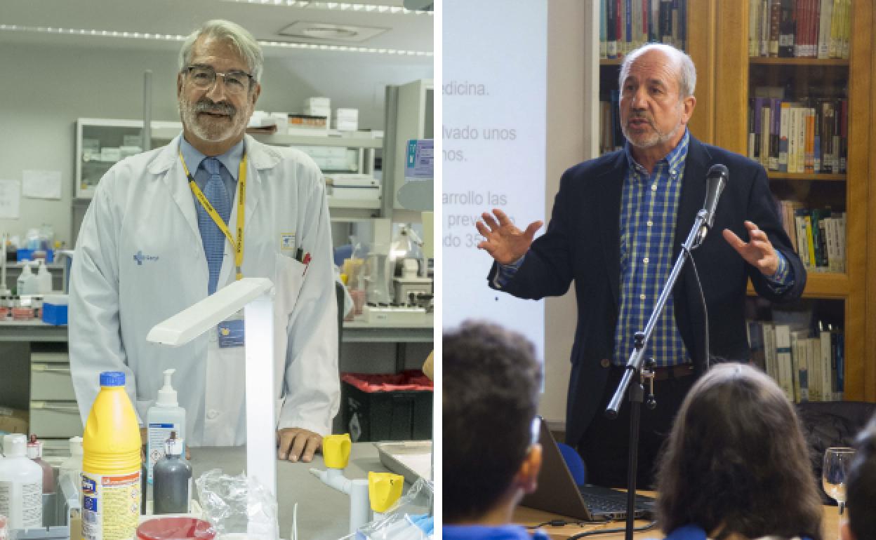 Raúl Ortiz de Lejarazu, en el laboratorio y Mariano Esteban, en una charla con estudiantes. 