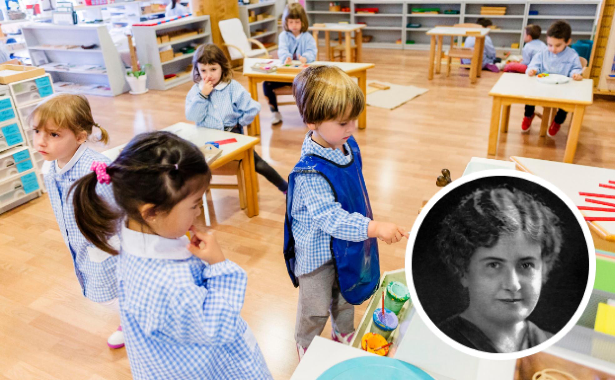 Varios niños, en el Colegio Montessori-Palau de Girona. En pequeño, médica, antropóloga y filósofa italiana, Maria Montessori fue una celebridad en su época