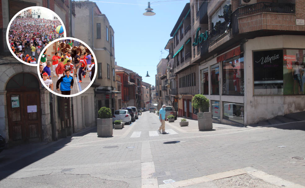 Imagen de la calle Parras, una de las más conocidas de los encierros en la localidad; en pequeño, momento del pregón y de un encierro de 2019.