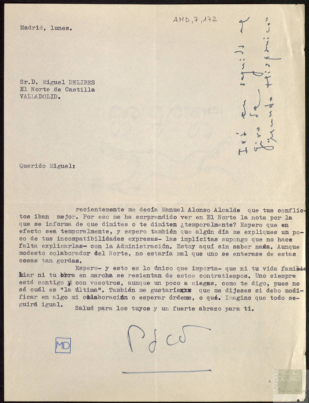 Carta de Umbral a Delibes. Junio de 1963, preguntándole por su dimisión.