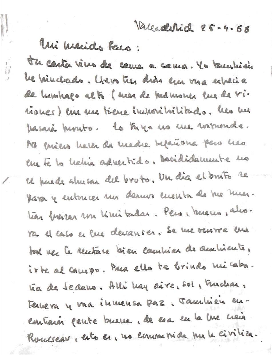 Carta de Delibes a Umbral. 26.04.66, en la que le dice que "El Norte paga mal pero no deja a su gente en la estacada" (1/2)