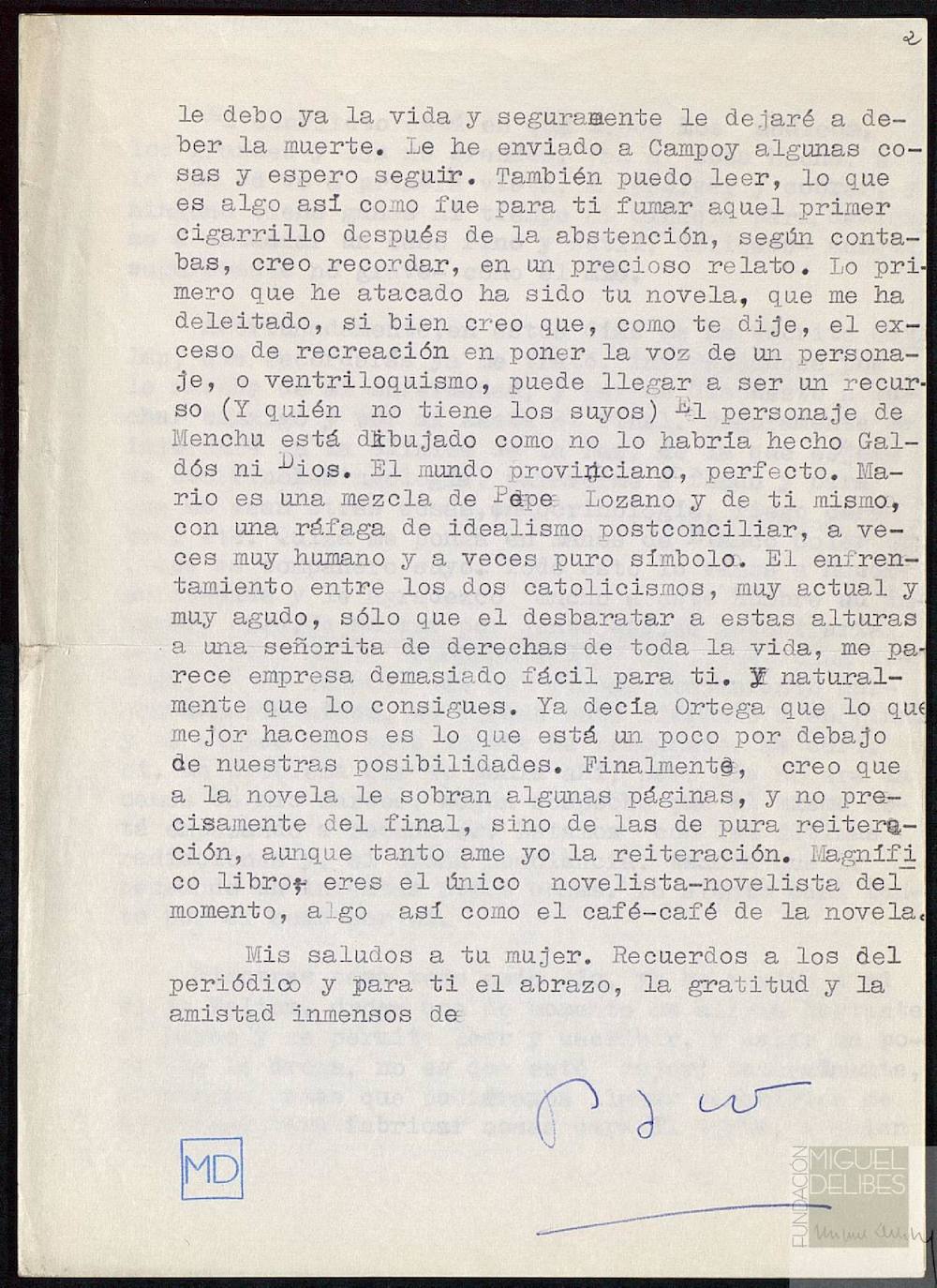 Carta de Umbral a Delibes. 23.05.67 "A El Norte le debo la vida y le dejo a deber la muerte". (3/4)