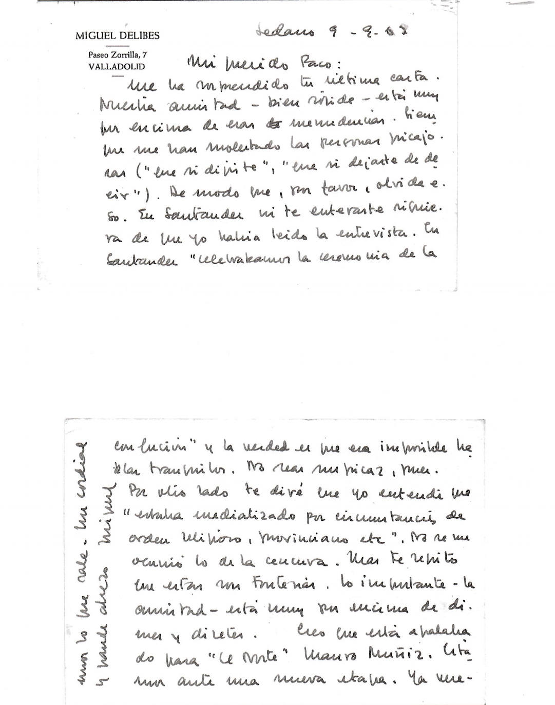 Carta de Delibes a Umbral. 9.9.67 Resta importancia al conflicto a propósito de lo publicado por Raúl del Pozo (su amistad está por encima).