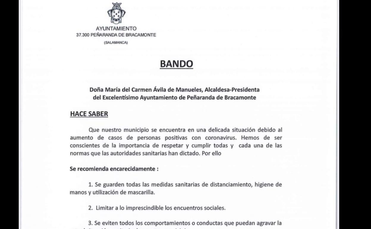 La alcaldesa de Peñaranda emite un bando pidiendo a los vecinos responsabilidad ante el avance de la covid