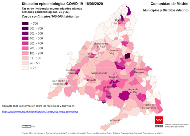 Mapa de incidencia de COVID en la Comunidad de Madrid hace cuatro semanas. Fuente: Informe de situación actual del Covid de la Comunidad de Madrid del 20/8