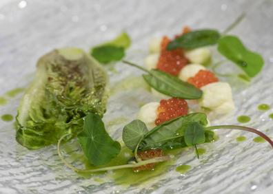 Imagen secundaria 1 - Los platos de Miguel Ángel de la Cruz. Arriba, sopa fría de cereal germinado y fermentado con tomates. Abajo, ensalada con salsa de judiones de La Granja con estragón para un cocgollo de lechuga y helado de pino. 