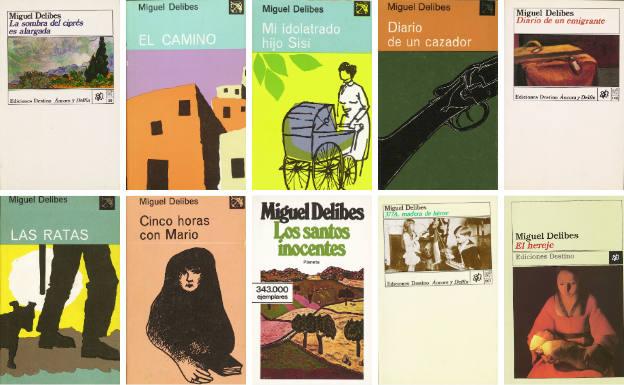 Portadas de algunas de las novelas más significativas del escritor vallisoletano. De izquierda a derecha y de arriba a abajo, 'La sombra del ciprés es alargada' (1948), 'El camino' (1950), 'Mi idolatrado hijo Sisí' (1953), 'Diario de un cazador' (1955), 'Diario de un emigrante' (1958), 'Las ratas' (1962), 'Cinco horas con Mario' (1966), 'Los santos inocentes' (1981), '377A Madera de héroe' (1987) y 'El hereje' (1998)..