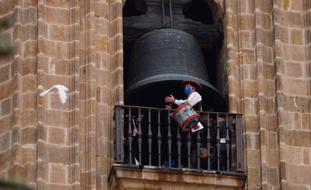 El Mariquelo suelta una paloma desde el campanario de la Catedral de Salamanca.