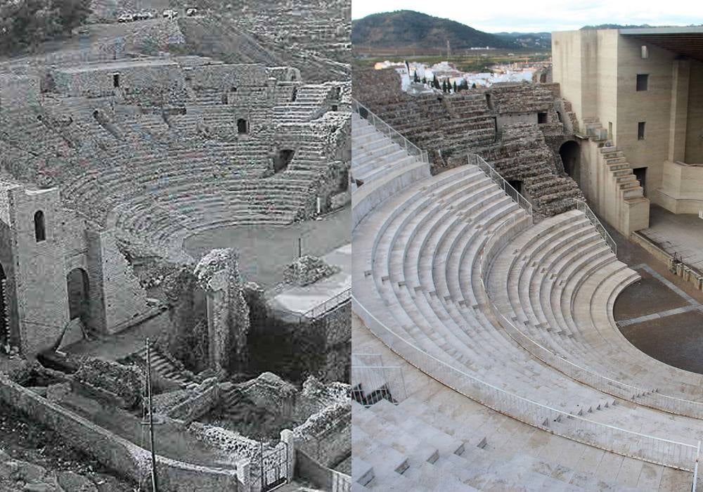 Teatro romano de Sagunto. La cuestión es que en los años 70 el teatro era considerado una ruina monumental, lo que desencadenó finalmente en la polémica restauración llevada a cabo entre 1992 y 1994 por los arquitectos Giorgio Grassi y Manuel Portaceli. La intención de los arquitectos era recobrar la funcionalidad del teatro, pero arreciaron las críticas por la dureza de las obras, ya que el resultado no tenía nada que ver con la historia; el teatro romano quedaba escondido bajo el nuevo que se construía. Una actuación que fue llevada a los tribunales. 