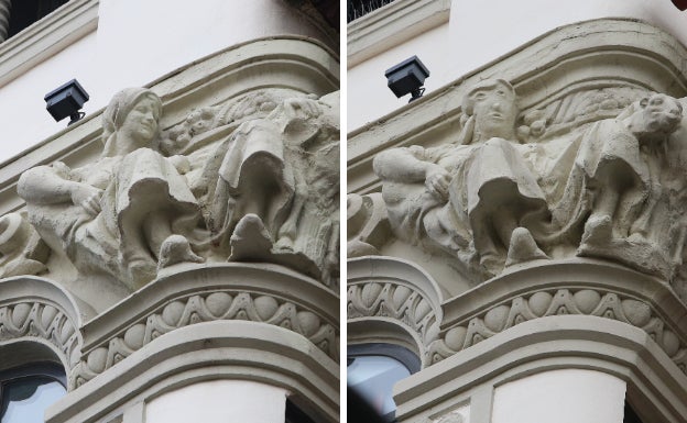 Grotesta restauración realizada en la cabeza de una de las figuras de un relieve del edificio situado junto al convento Agustinas Canónigas, en el número 9 de la Calle Mayor de Palencia, hoy sede principal de Unicaja en Palencia. Todo apunta a que en una de las reformas del edificio se desprendió una cabeza ornamental y fue sustituida por una deforme reconstrucción, sin que hasta ahora nadie se hubiera percatado de ello.