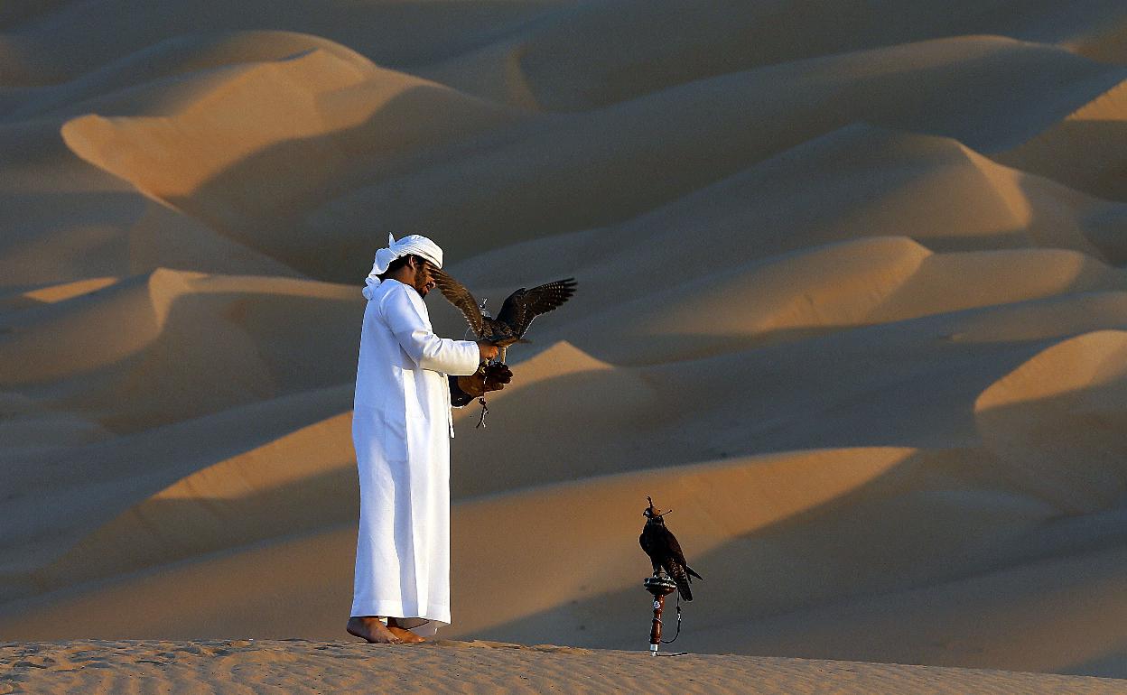 Halconero en un festival internacional de cetrería en Emiratos Árabes. 