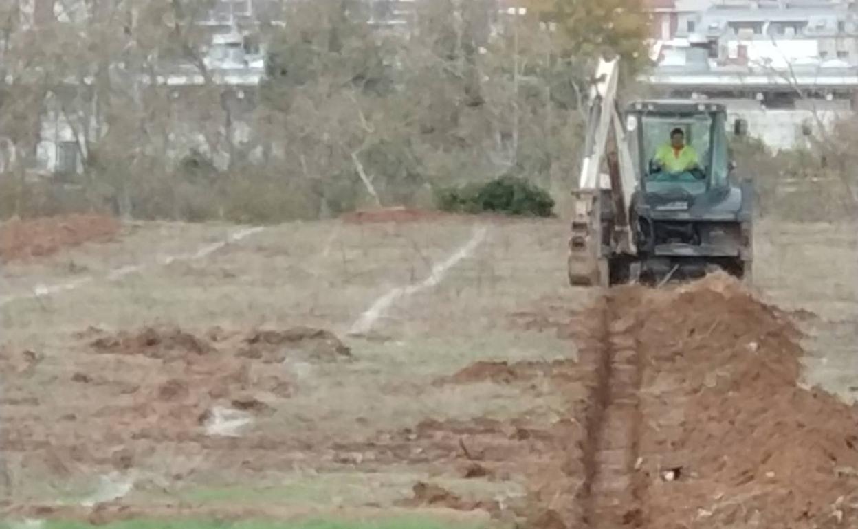 Un tractor trabaja en la zona del futuro parque forestal, entre la urbanización Santa Ana y el río.