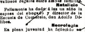 Natalicio. El Norte dio noticia del nacimiento de Miguel, hijo del director de la Escuela de Comercio, don Adolfo Delibes, dos días después, en la sección 'Crónica local'. 19 de octubre de 1920. 