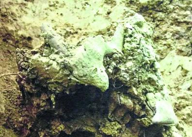 Imagen secundaria 1 - Detalle del cráneo y clavo hallado junto a él. 