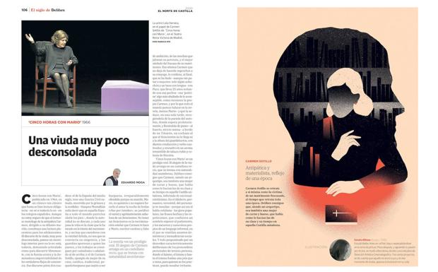 Crítica de la novela 'Cinco horas con Mario' y, a la derecha, ilustración que recrea a Carmen Sotillo.
