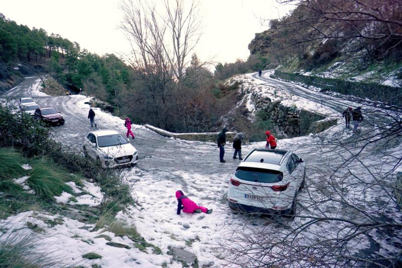 Varias personas disfrutan de la nieve en el Area recreativa de La Roza, en Abrucena (Almería)