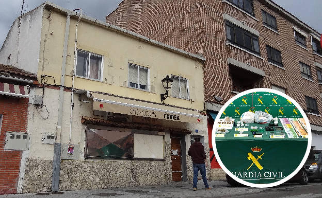 El bar Tribes, objeto de la investigación, en Laguna de Duero. Abajo, a la derecha, parte de la droga y de los objetos incautados por la Guardia Civil durante la operación 'Jefessito' en el local.