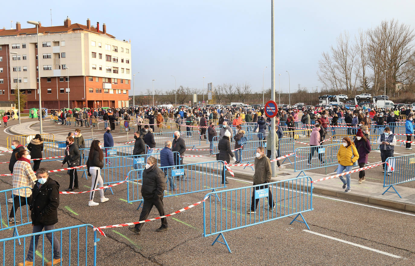 Largas colas durante la primera jornada de test de antígenos en Palencia. 