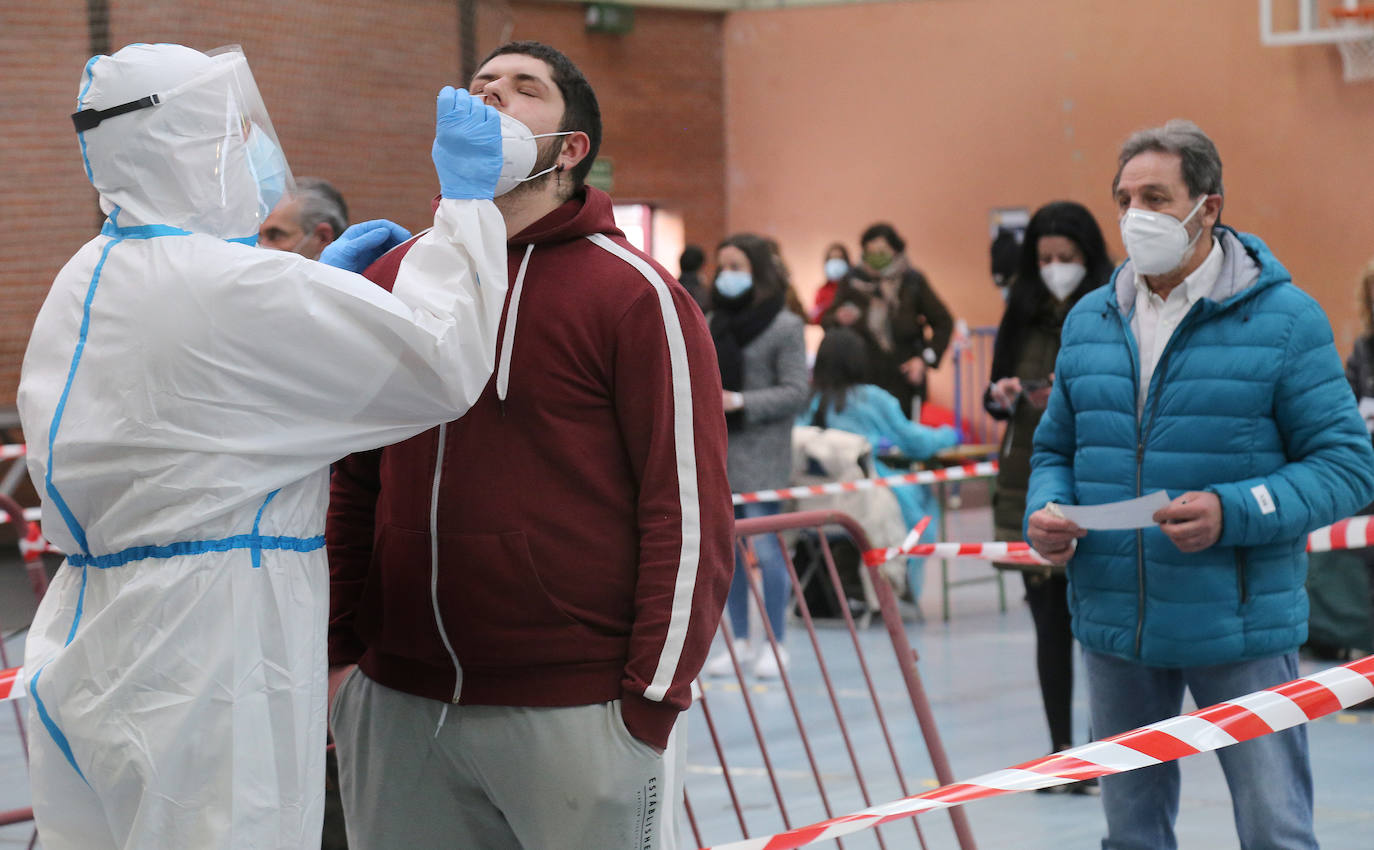 Largas colas durante la primera jornada de test de antígenos en Palencia. 