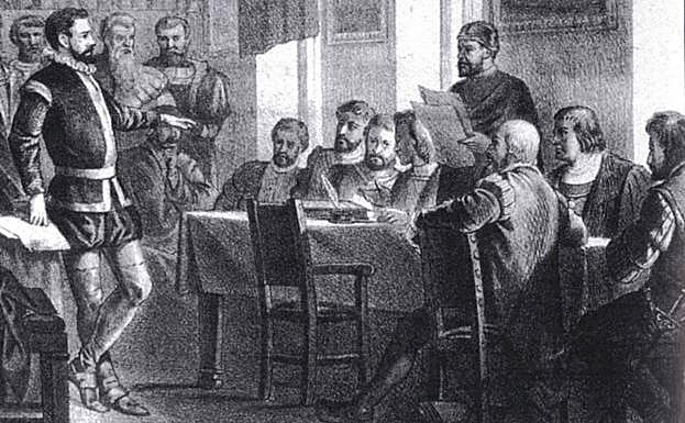 Grabado que representa la reunión de la Junta Comunera celebrada en la catedral de Ávila el 29 de julio de 1520. 