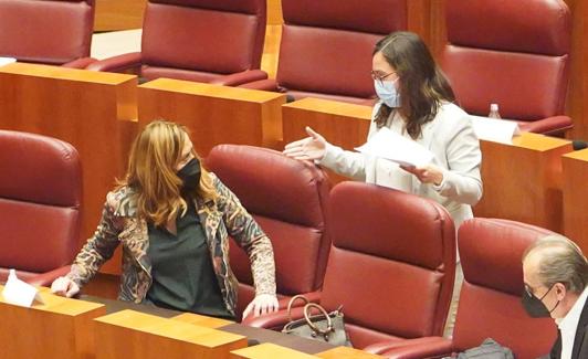 Virginia Barcones conversa con la procuradora Laura Domínguez, de Podemos, en el último pleno.