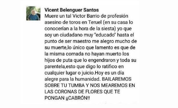 Comentario en el perfil de Facebook de Vicente Belenguer hecho el 10 de julio de 2016. 