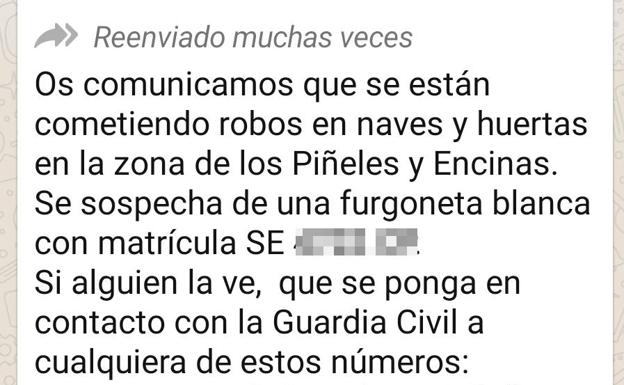 Mensaje enviado por los vecinos de la comarca para alertar de los robos.