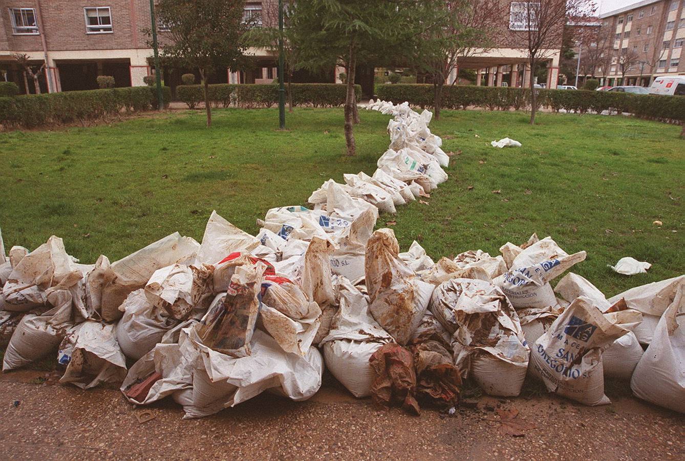 Decenas de sacos esparcidos en la calle de Arturo Eyries tras la crecida del río Pisuerga.